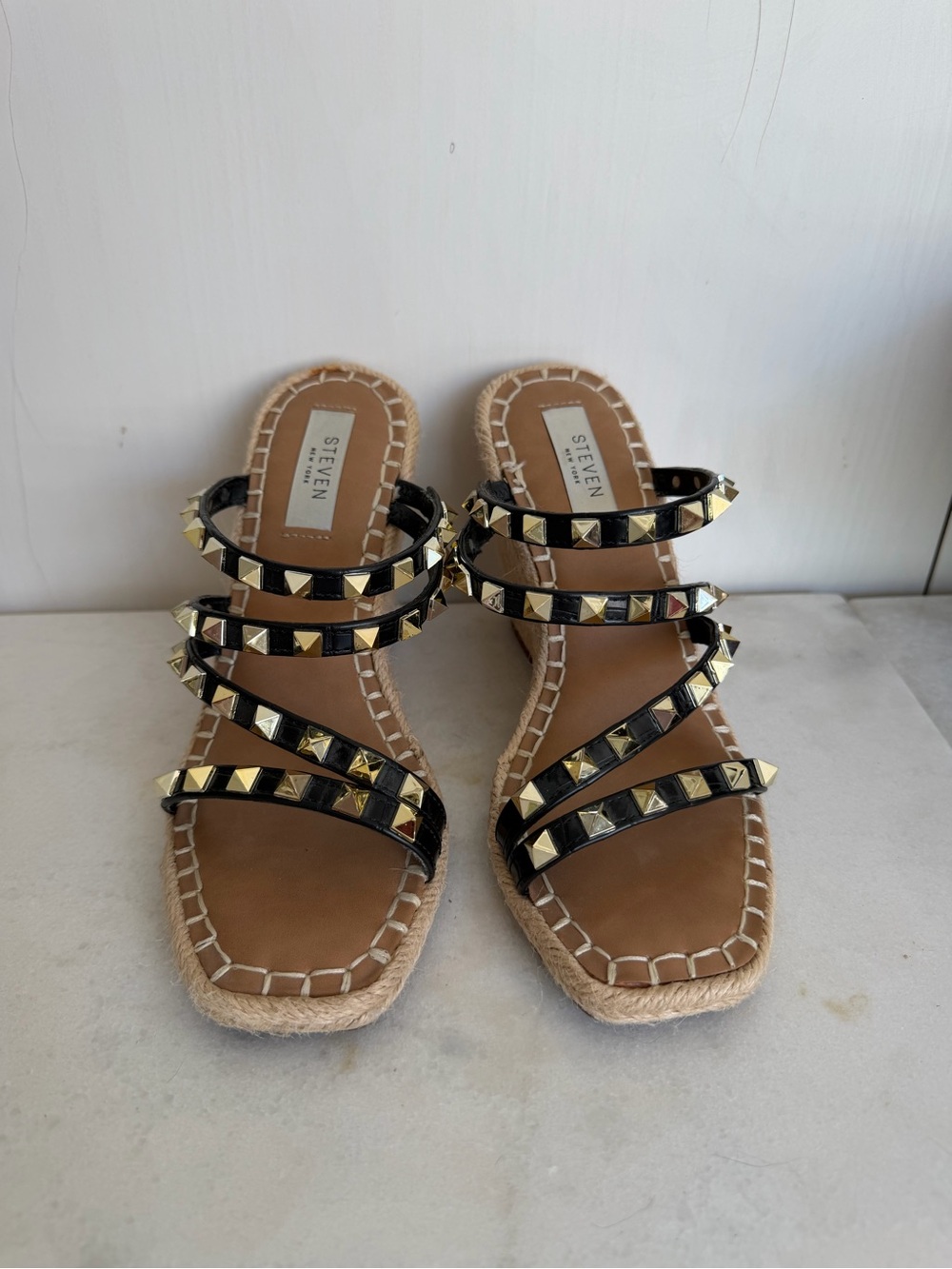 Steve Madden Black Multi-Strap Studded Espadrille Wedges